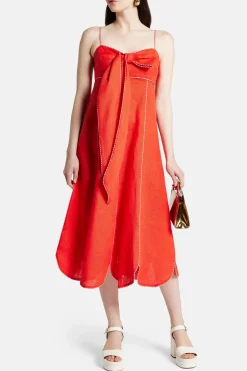 Cotton Sleeveless Bow Detail Midi Dress in Red