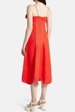 Cotton Sleeveless Bow Detail Midi Dress in Red