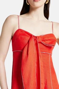 Cotton Sleeveless Bow Detail Midi Dress in Red