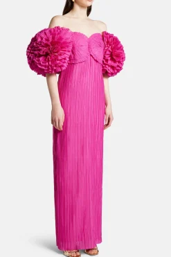 Crystallise Floral Sleeves Pleated Maxi Dress in Pink