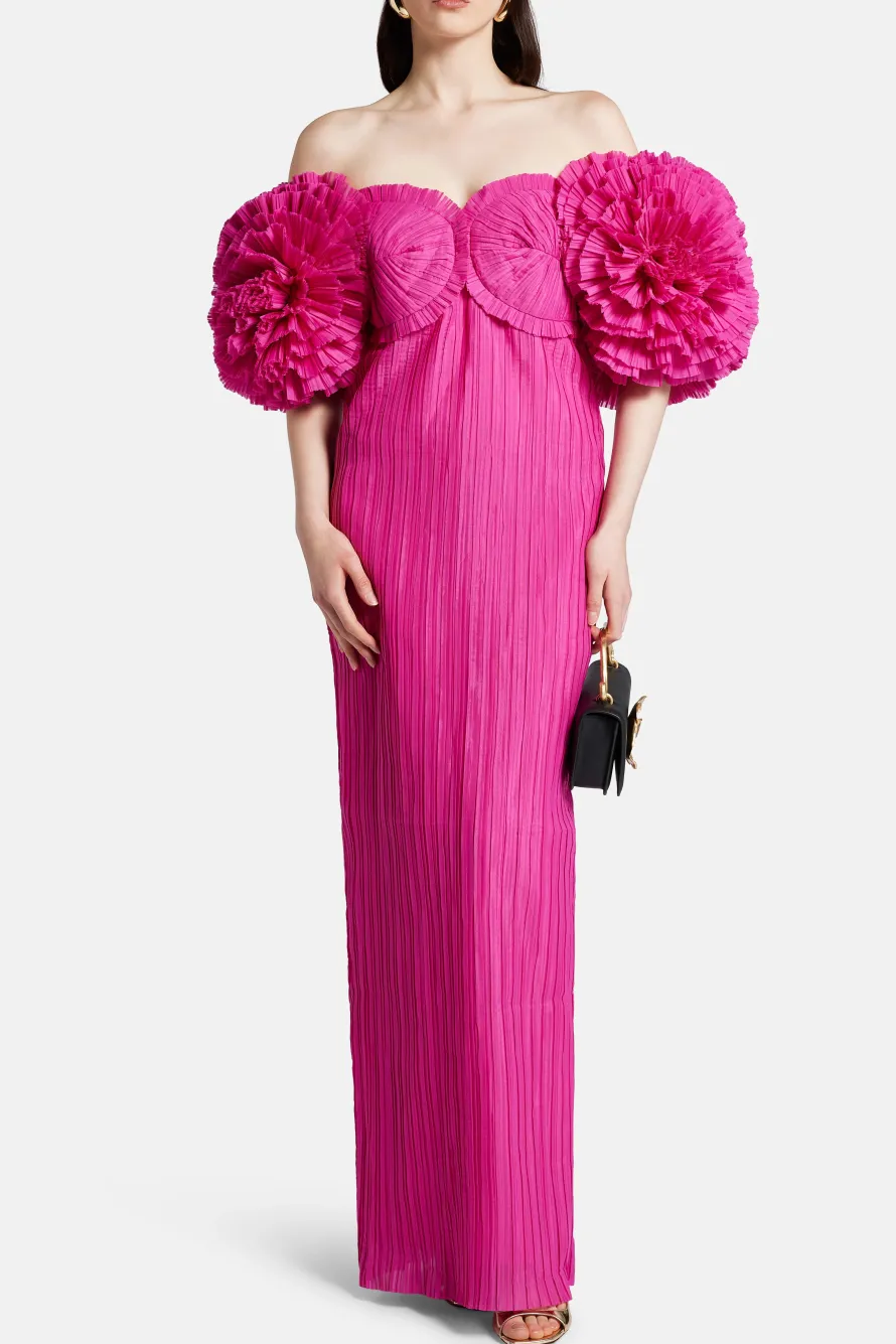 Crystallise Floral Sleeves Pleated Maxi Dress in Pink