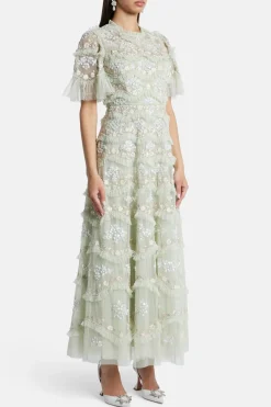 Daisy Wave Sequin Midi Dress in Green