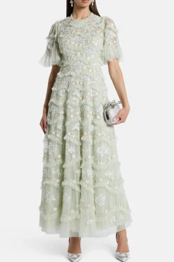 Daisy Wave Sequin Midi Dress in Green