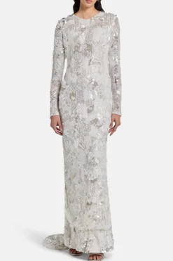 Darina Sequins Embellished Evening Gown in Silver