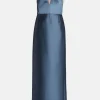 Deep V-Neck Sleeveless Silk Mikado Evening Gown in Blue