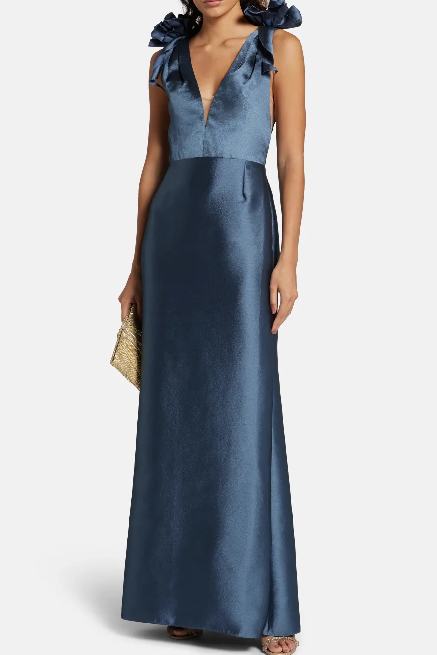 Deep V-Neck Sleeveless Silk Mikado Evening Gown in Blue
