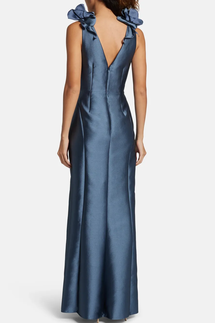 Deep V-Neck Sleeveless Silk Mikado Evening Gown in Blue