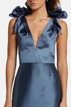 Deep V-Neck Sleeveless Silk Mikado Evening Gown in Blue