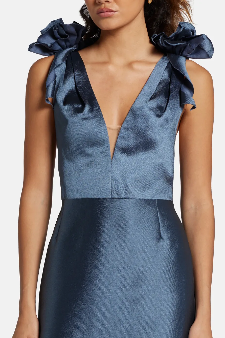 Deep V-Neck Sleeveless Silk Mikado Evening Gown in Blue