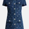 Denim Diamante Bow Cotton Mini Dress in Blue