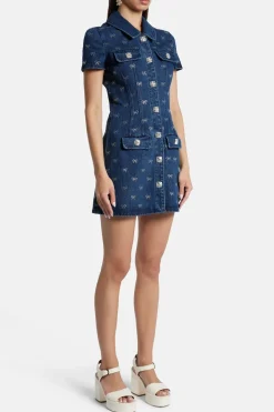 Denim Diamante Bow Cotton Mini Dress in Blue