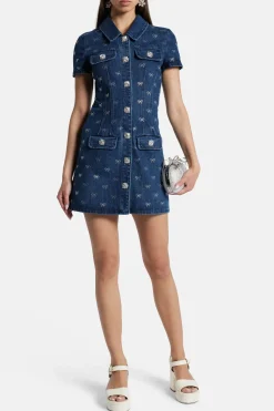 Denim Diamante Bow Cotton Mini Dress in Blue