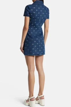 Denim Diamante Bow Cotton Mini Dress in Blue