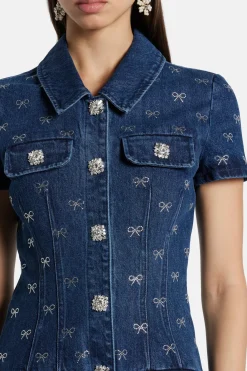 Denim Diamante Bow Cotton Mini Dress in Blue
