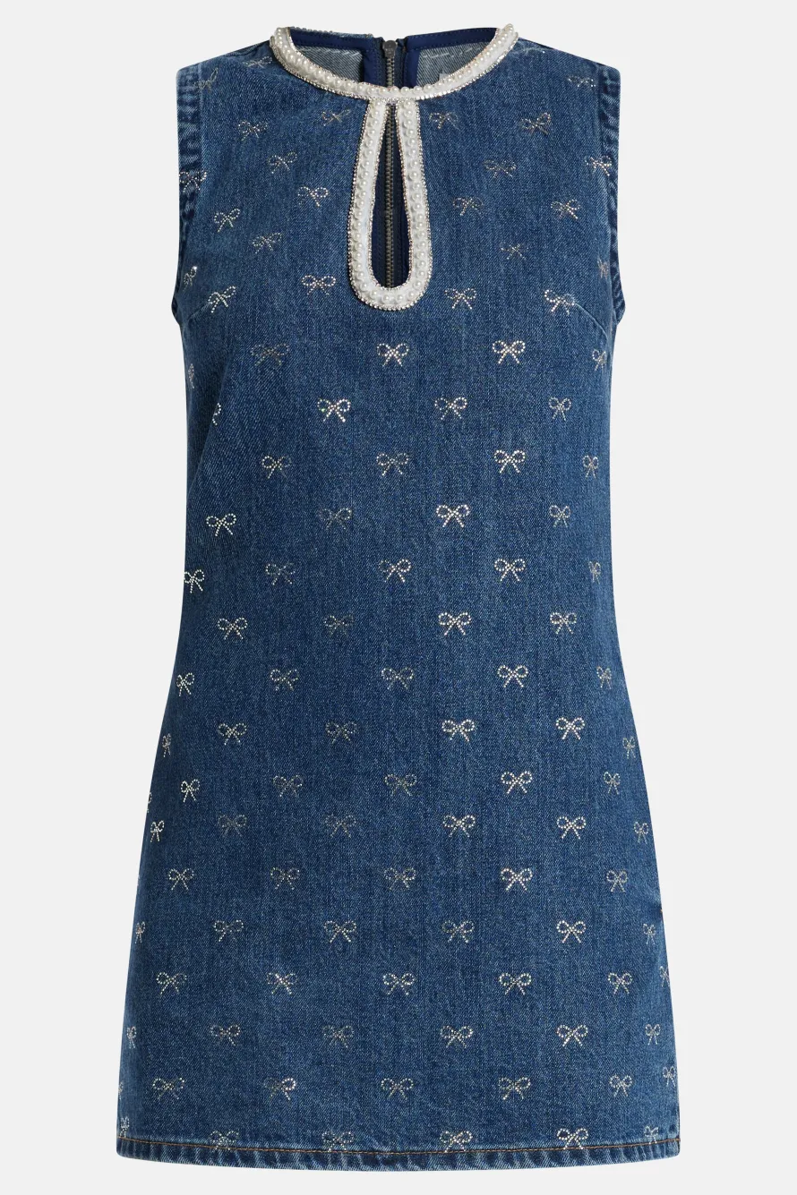 Denim Diamante Bow Sleeveless Cotton Mini Dress in Blue