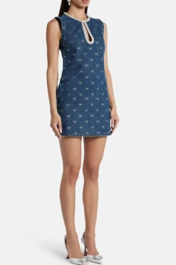 Denim Diamante Bow Sleeveless Cotton Mini Dress in Blue