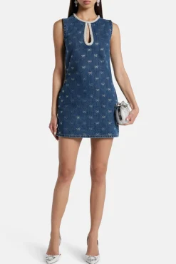 Denim Diamante Bow Sleeveless Cotton Mini Dress in Blue