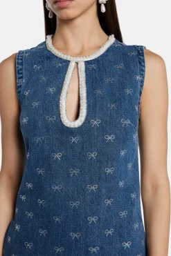 Denim Diamante Bow Sleeveless Cotton Mini Dress in Blue