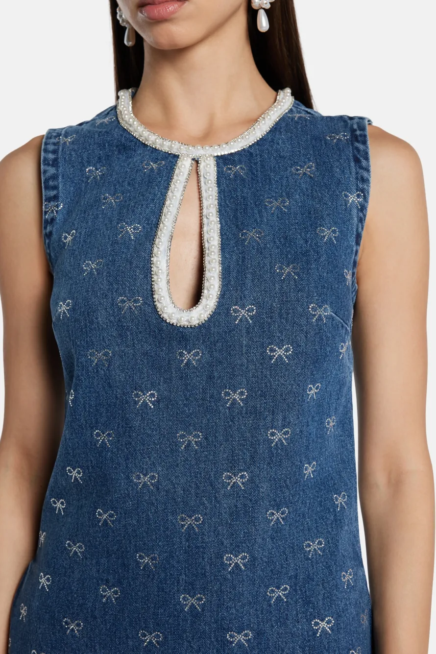 Denim Diamante Bow Sleeveless Cotton Mini Dress in Blue