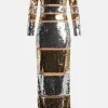 Desi Sequin Evening Dress in Gold and Silver