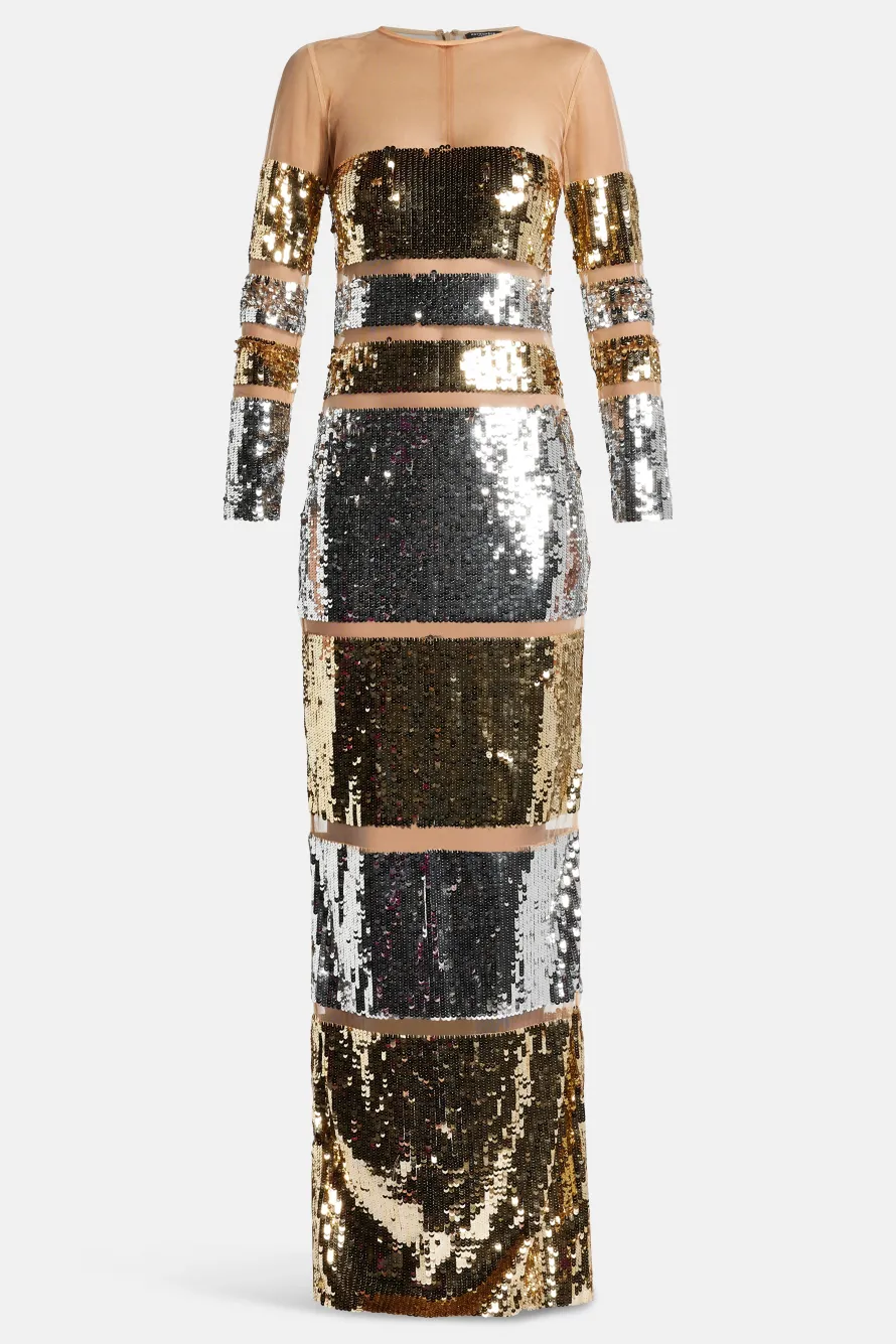Desi Sequin Evening Dress in Gold and Silver