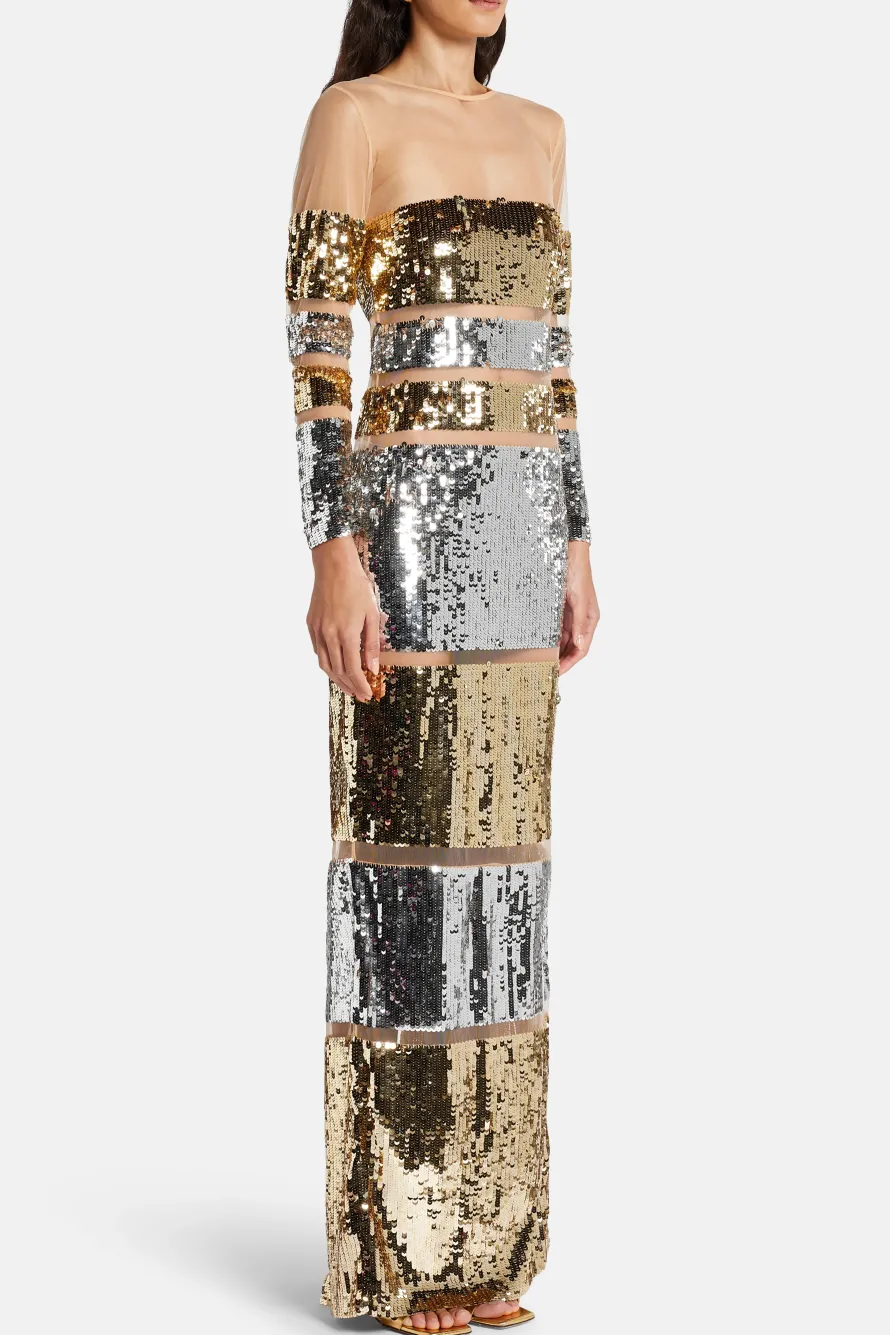 Desi Sequin Evening Dress in Gold and Silver