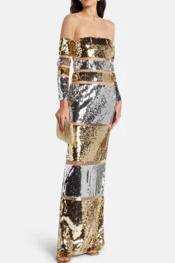 Desi Sequin Evening Dress in Gold and Silver