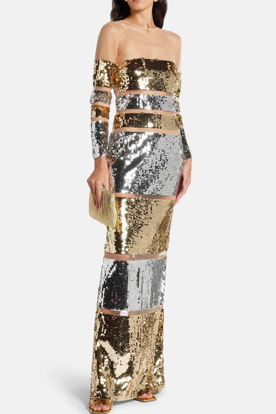 Desi Sequin Evening Dress in Gold and Silver