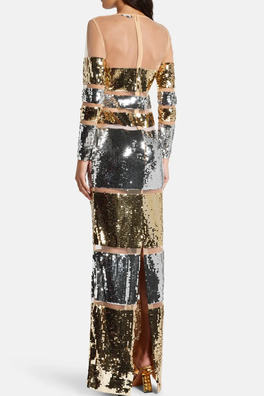 Desi Sequin Evening Dress in Gold and Silver