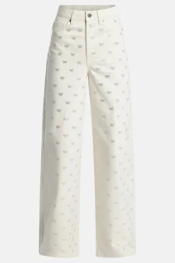 Diamante Bow Denim Flared Jeans in Cream