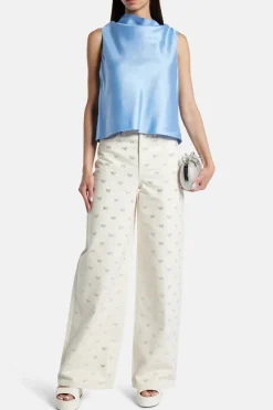 Diamante Bow Denim Flared Jeans in Cream