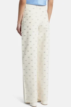 Diamante Bow Denim Flared Jeans in Cream
