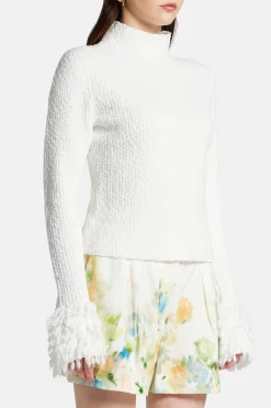 Dimension Textural Knit Skivvy Sleeves Cotton Top in White