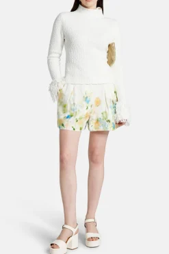 Dimension Textural Knit Skivvy Sleeves Cotton Top in White