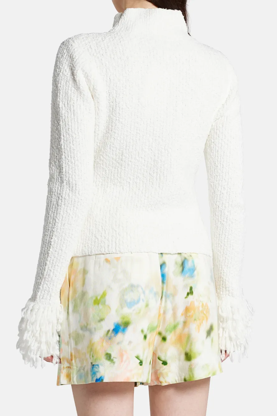 Dimension Textural Knit Skivvy Sleeves Cotton Top in White