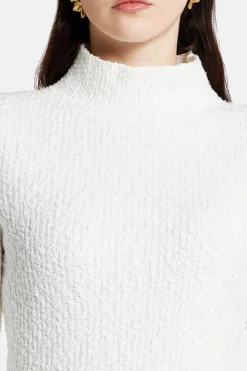 Dimension Textural Knit Skivvy Sleeves Cotton Top in White