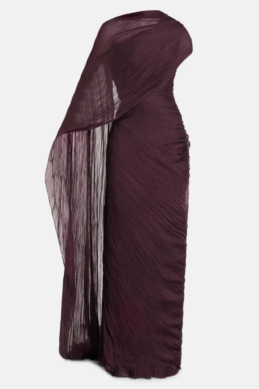Draped Chiffon Evening Gown With Cape in Burgundy