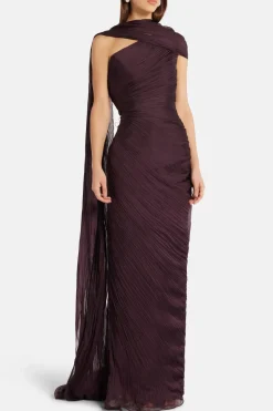 Draped Chiffon Evening Gown With Cape in Burgundy