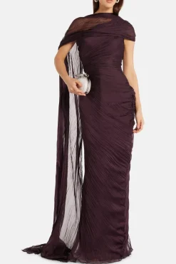 Draped Chiffon Evening Gown With Cape in Burgundy