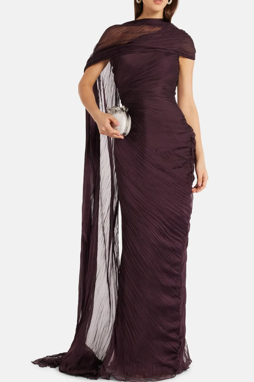 Draped Chiffon Evening Gown With Cape in Burgundy