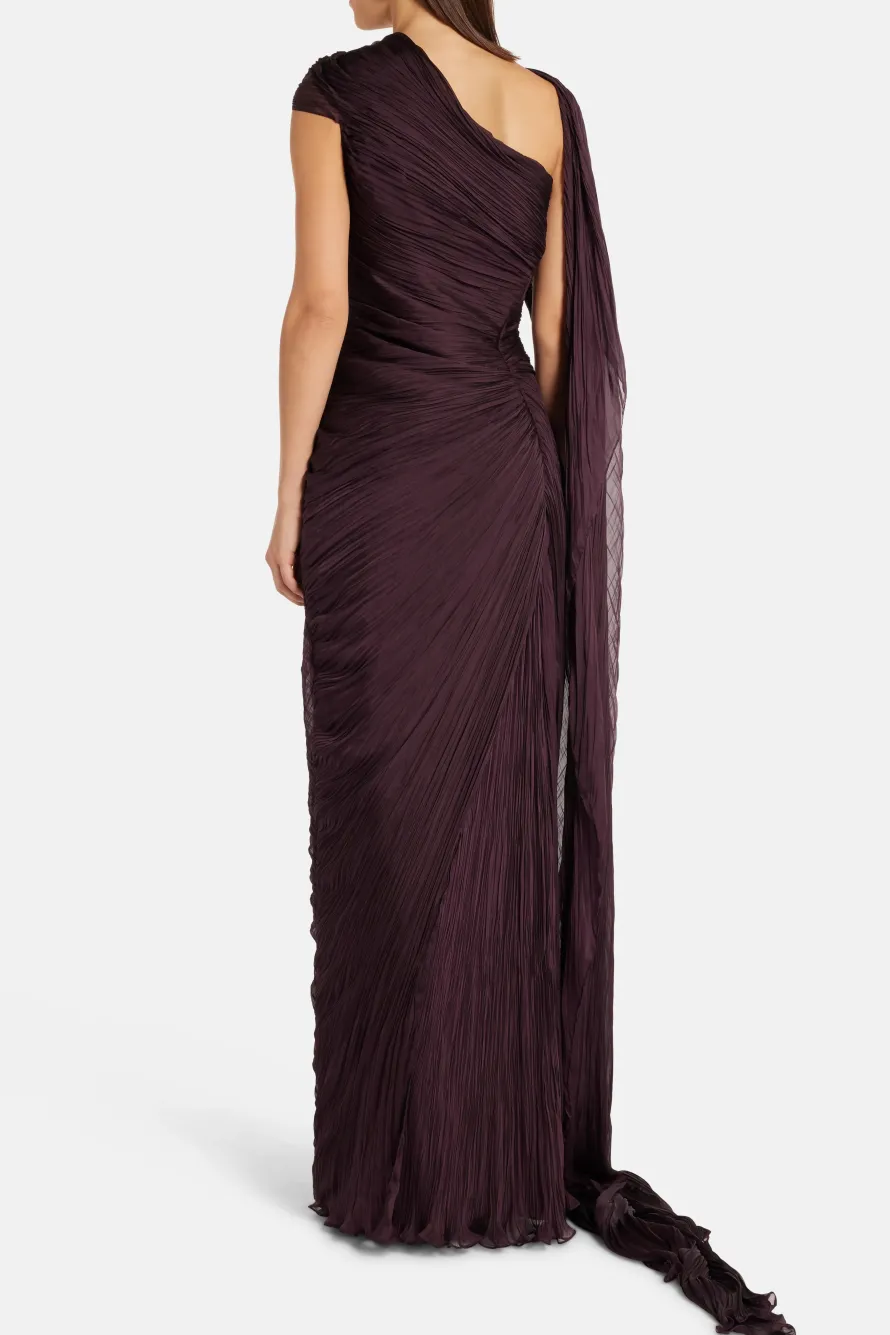 Draped Chiffon Evening Gown With Cape in Burgundy
