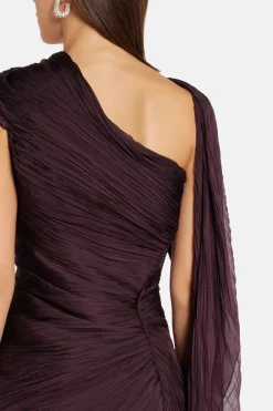 Draped Chiffon Evening Gown With Cape in Burgundy