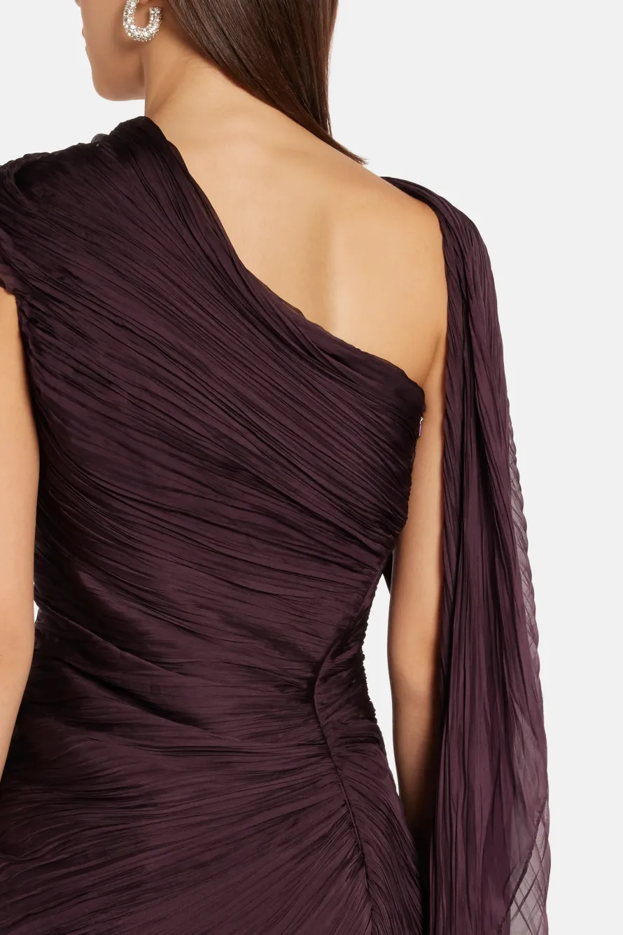 Draped Chiffon Evening Gown With Cape in Burgundy