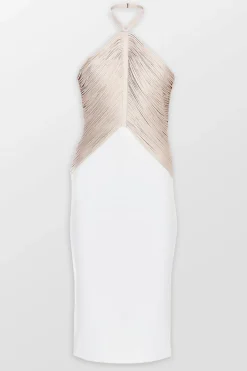Draped Halter Fringe Midi Dress