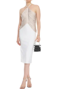 Draped Halter Fringe Midi Dress