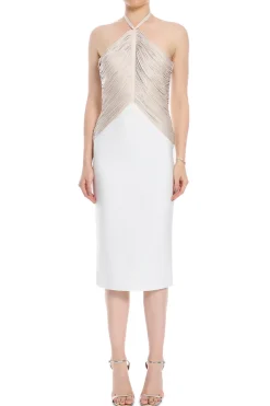 Draped Halter Fringe Midi Dress