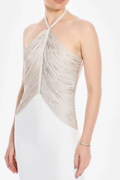 Draped Halter Fringe Midi Dress