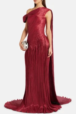 Draped Pleated Satin One Shoulder Cape Evening Gown in Red