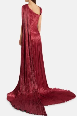 Draped Pleated Satin One Shoulder Cape Evening Gown in Red