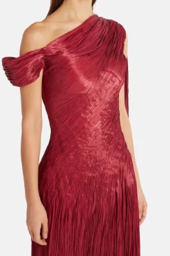 Draped Pleated Satin One Shoulder Cape Evening Gown in Red